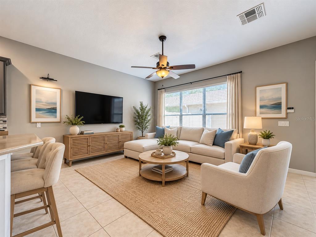 Living room with tile flooring
