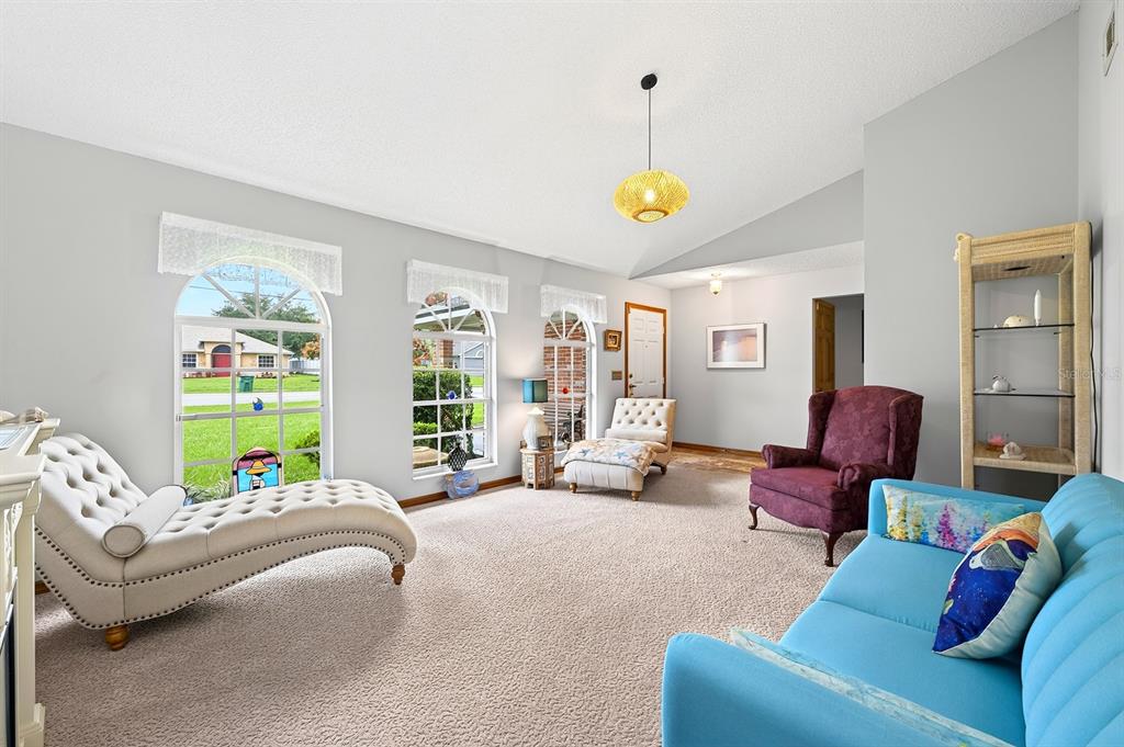 Step inside to a formal Living Room featuring plush carpeting and three ELEGANT ARCHED WINDOWS that fill the space with natural light.