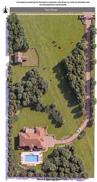 Conceptual rendering of one potential estate homesite layout. Improvements shown are illustrative only and not included in the sale. Buyer to verify all building and development requirements.