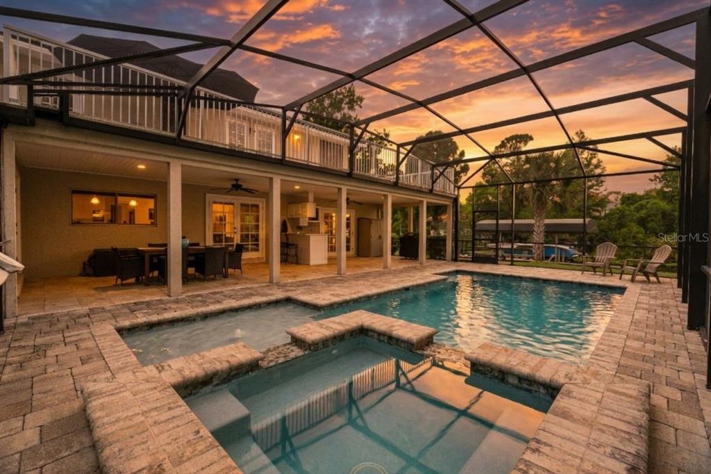 Pool area at sunset
