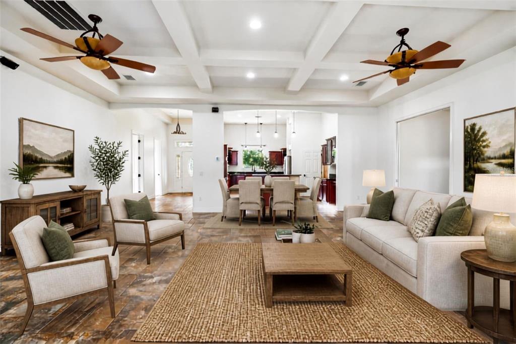 Virtually Staged Family/Dining Combo looking into kitchen