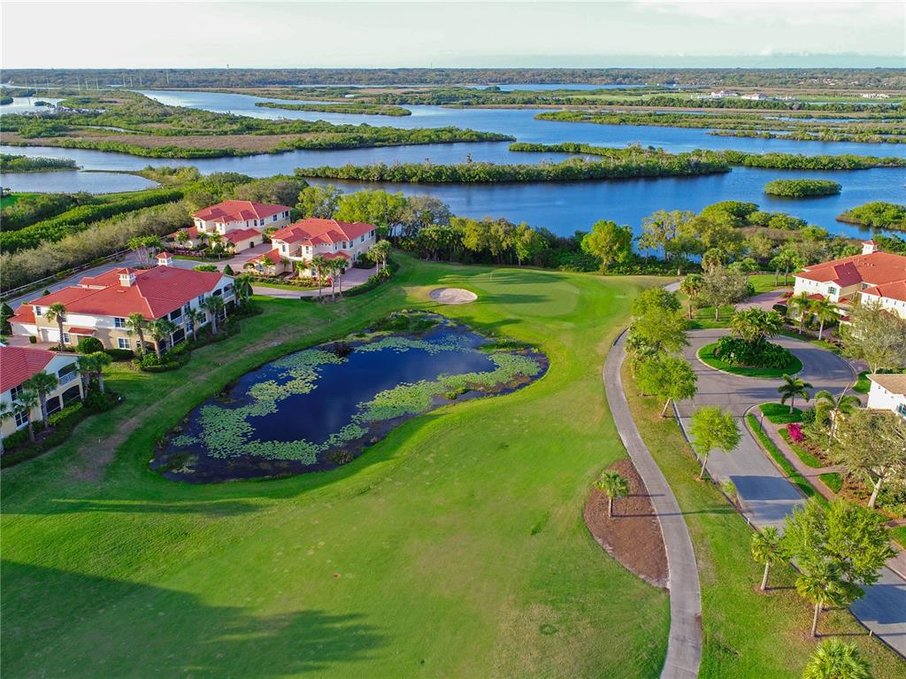 8th hole from above - condo is left of the green complex with the Manatee River Behind