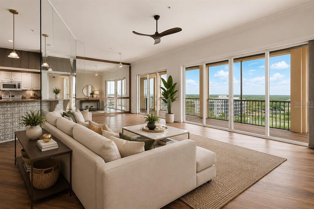 Virtually Staged Open Concept Living Area with Panoramic Water Views