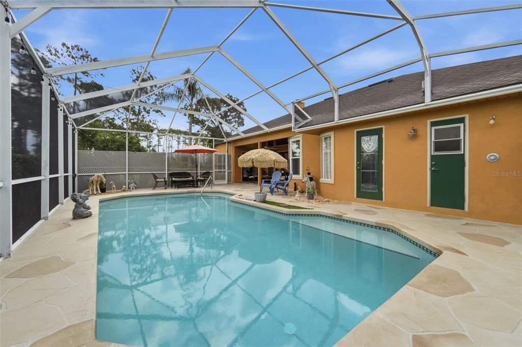 Large, private bug-free pool enclosure for hot summer days. This deck was recently painted with non-slip paint.