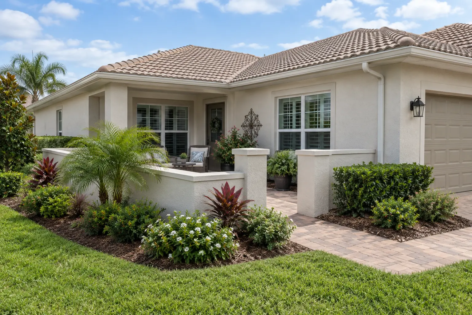 Representative single-story Florida villa with a small private courtyard and tidy landscaping in soft daylight.