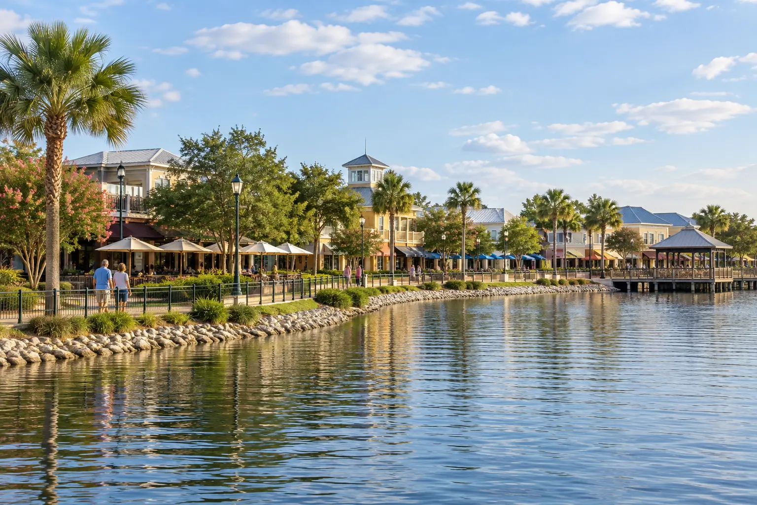 Illustrative view of a waterfront shopping area inspired by Lake Sumter Landing in The Villages, with calm water, a pedestrian promenade and shops in daylight.