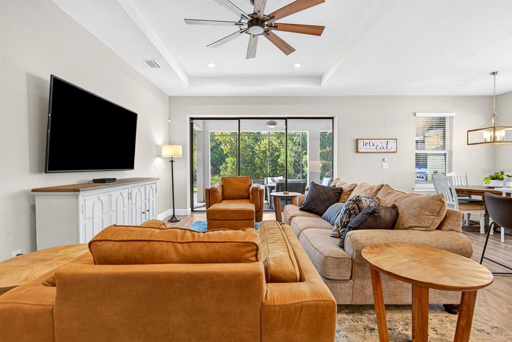 Living room with tray ceilings