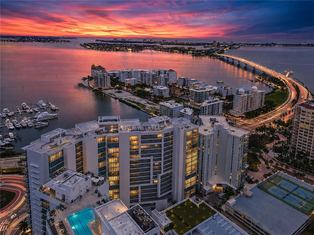 Aerial sunset view. Virtually Staged"
