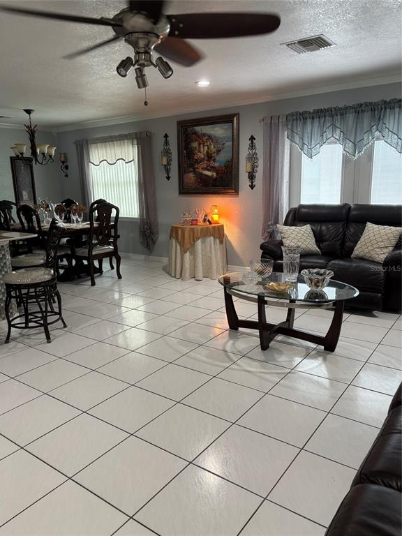 Living area with view of dining area