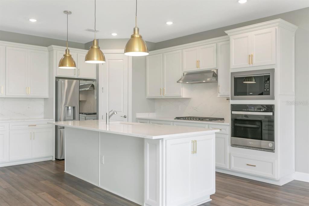 Luxury Kitchen with Large island, built in oven, closet pantry, custom fixtures, solid backsplash