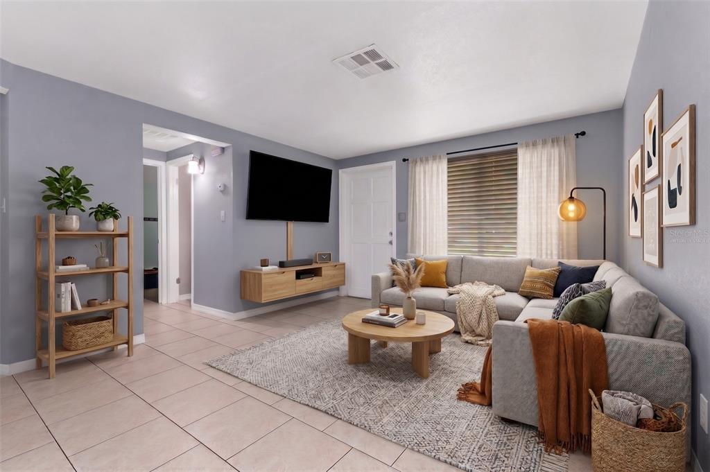 Entrance and great room - virtually staged