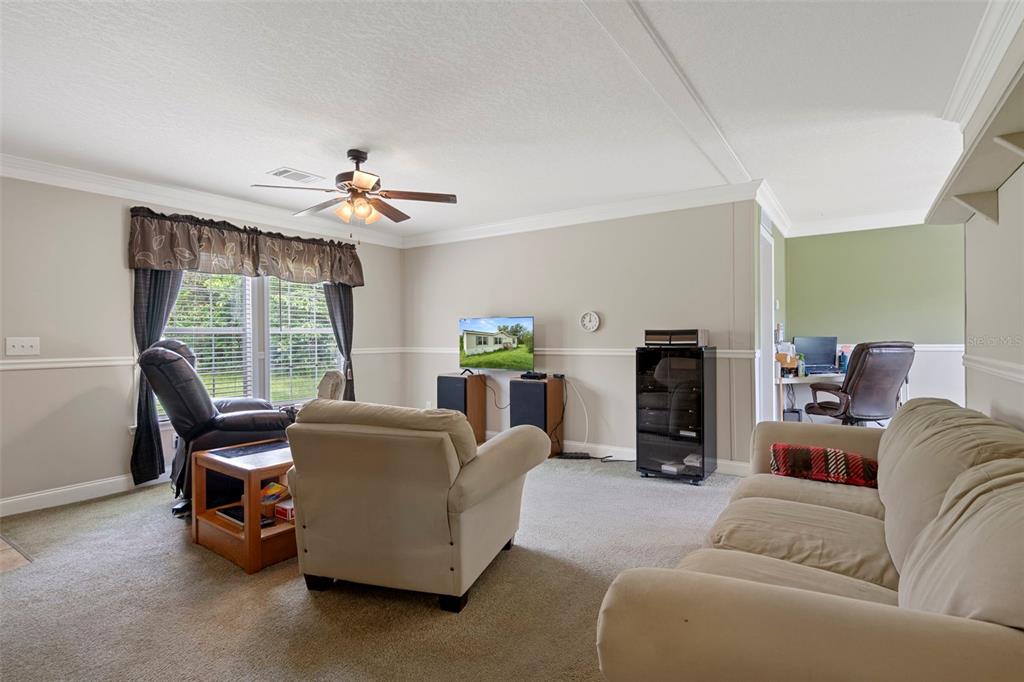 Comfortable living room with abundant natural light, carpet flooring, ceiling fan, crown molding and chair rail detail.