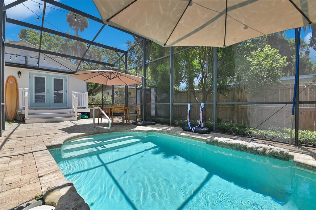 Heated saltwater pool.