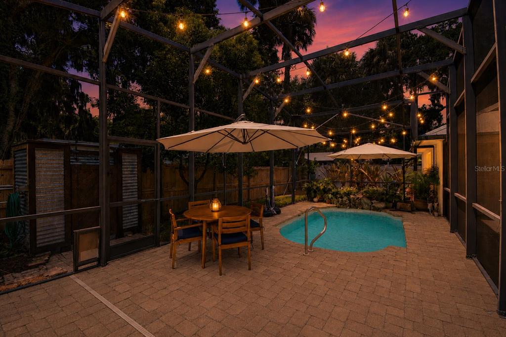 Enclosed backyard pool deck perfect for entertaining.
