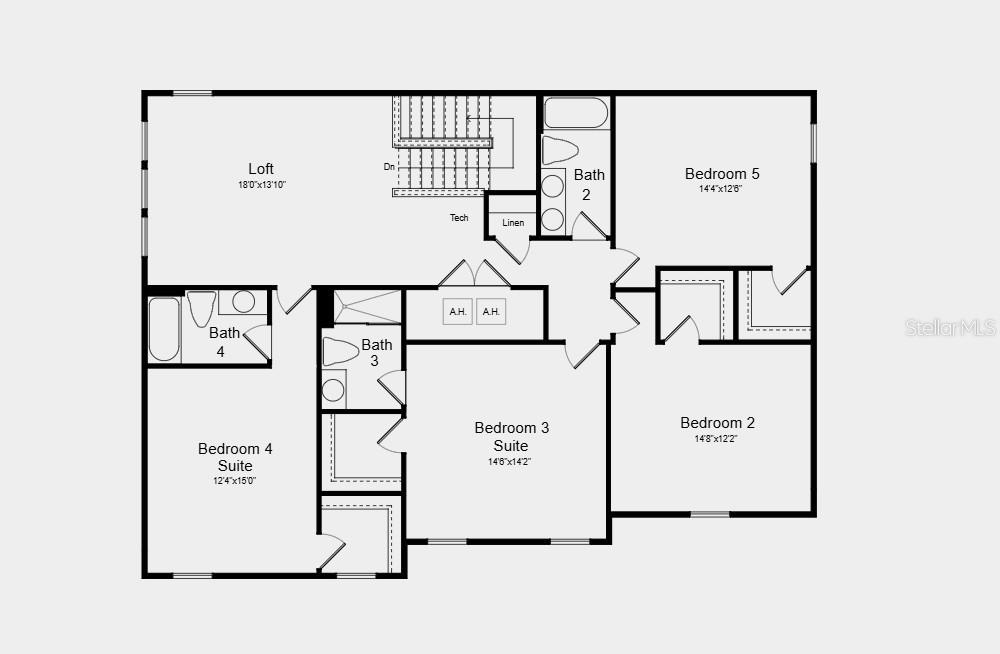 Second Floor Plan - Additional Highlights Include: open stair railing with metal spindles, kitchen island with a waterfall edge, pool/spa prewire, and 8' interior doors