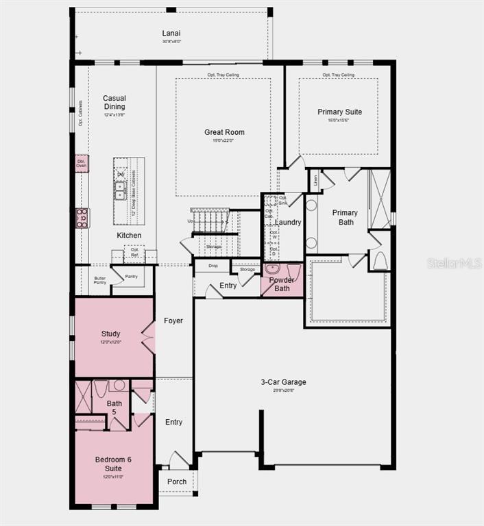 First Floor Plan - Additional Highlights Include: open stair railing with metal spindles, kitchen island with a waterfall edge, pool/spa prewire, and 8' interior doors