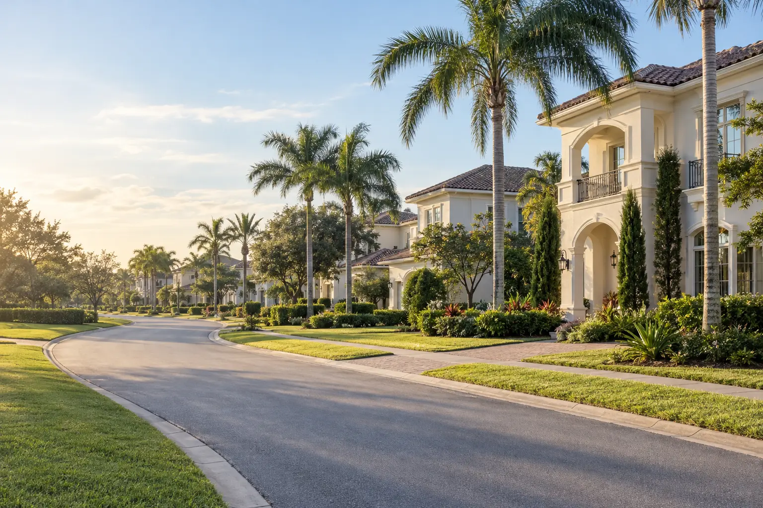 Illustrative Orlando-area resort streetscape inspired by Reunion Resort, with landscaped homes, palm trees and a gently curving residential road.