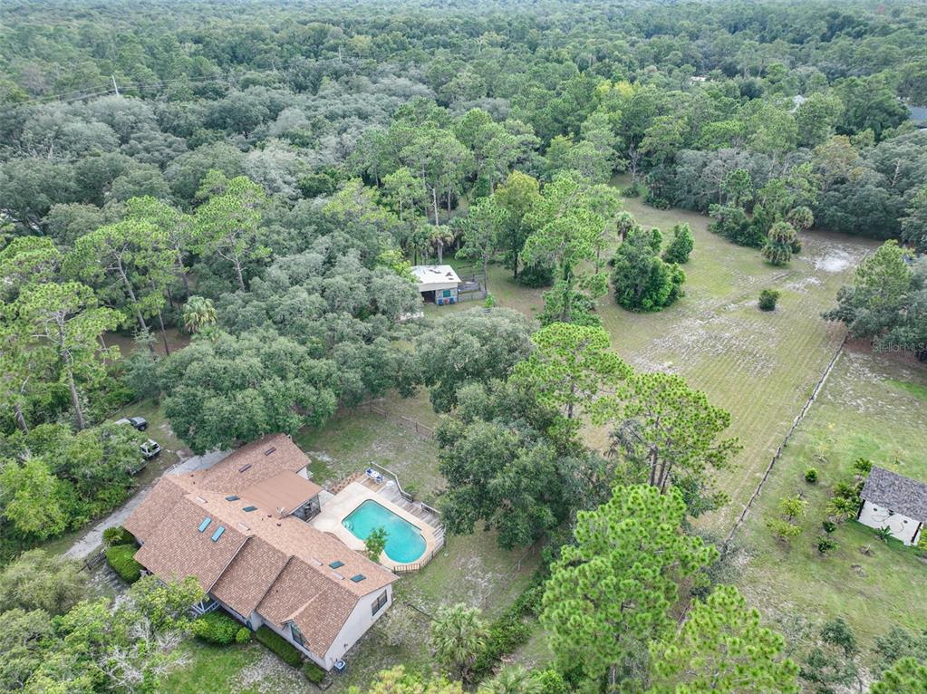 Aerial view of the 5-acre property, showcasing the private pool surrounded by mature Florida trees