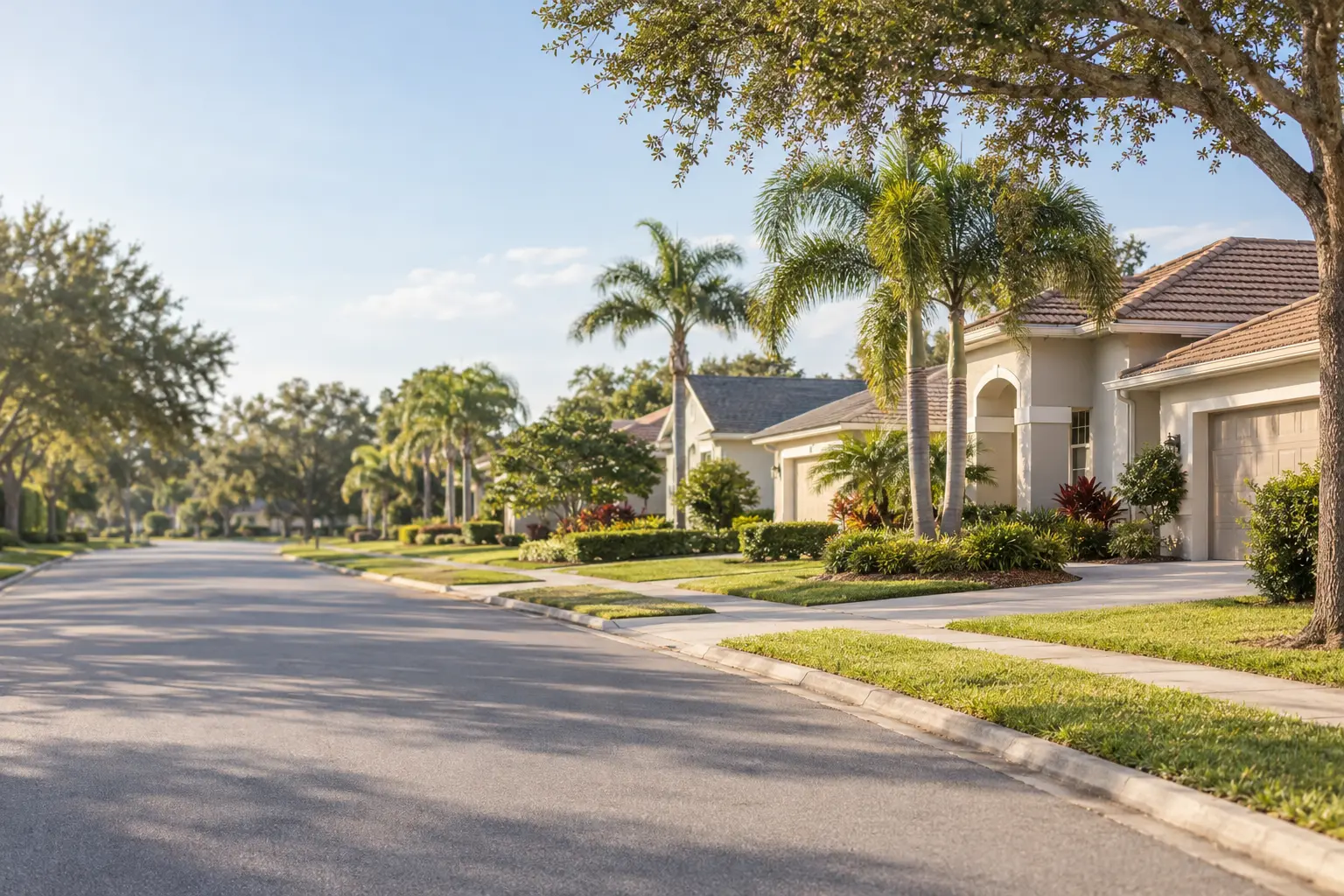 Illustrative Florida neighborhood with detached stucco homes, palm trees and mature landscaping along a quiet residential street.