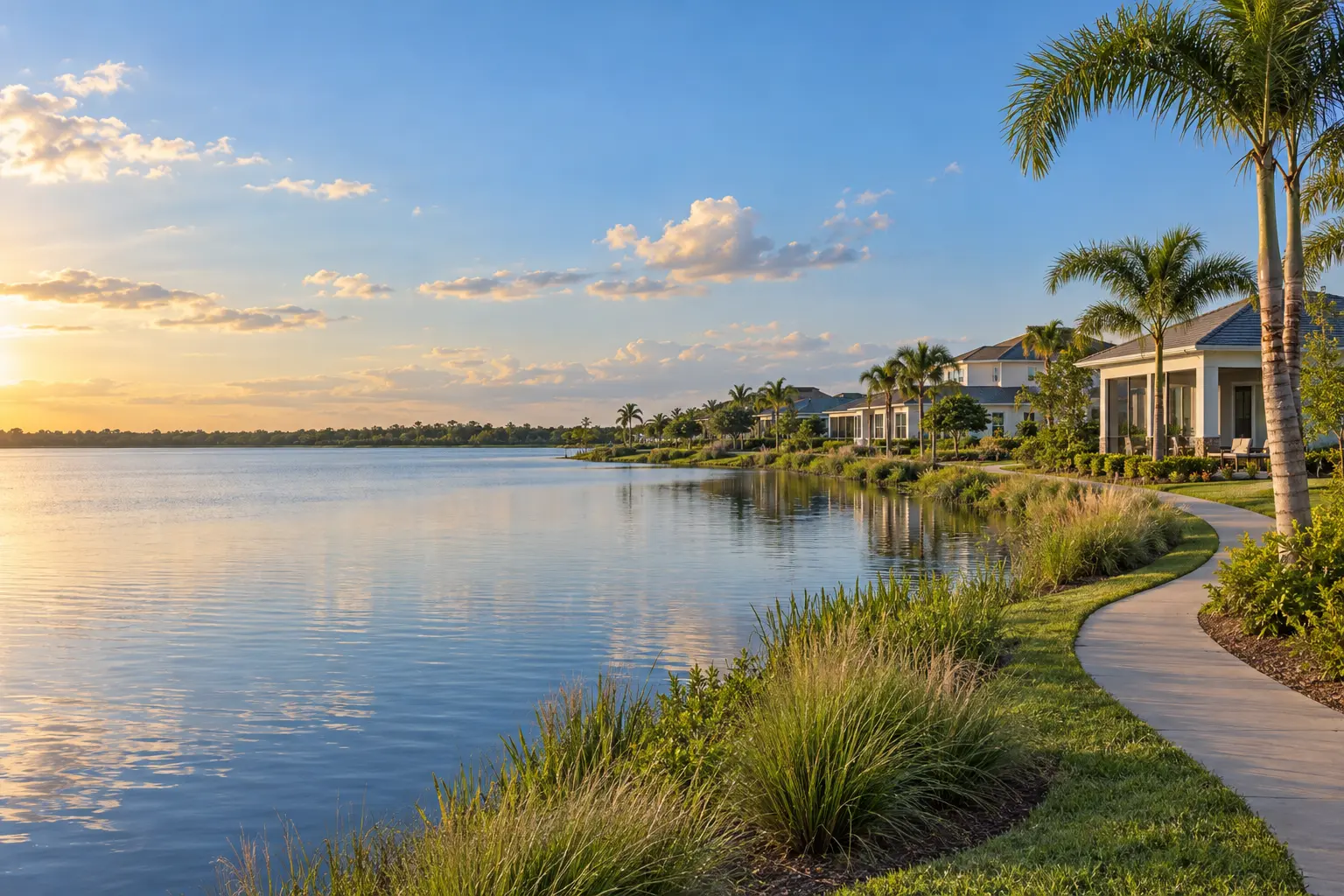 Illustrative Southwest Florida lakefront neighborhood with contemporary homes, palms and a landscaped walking path beside calm water.