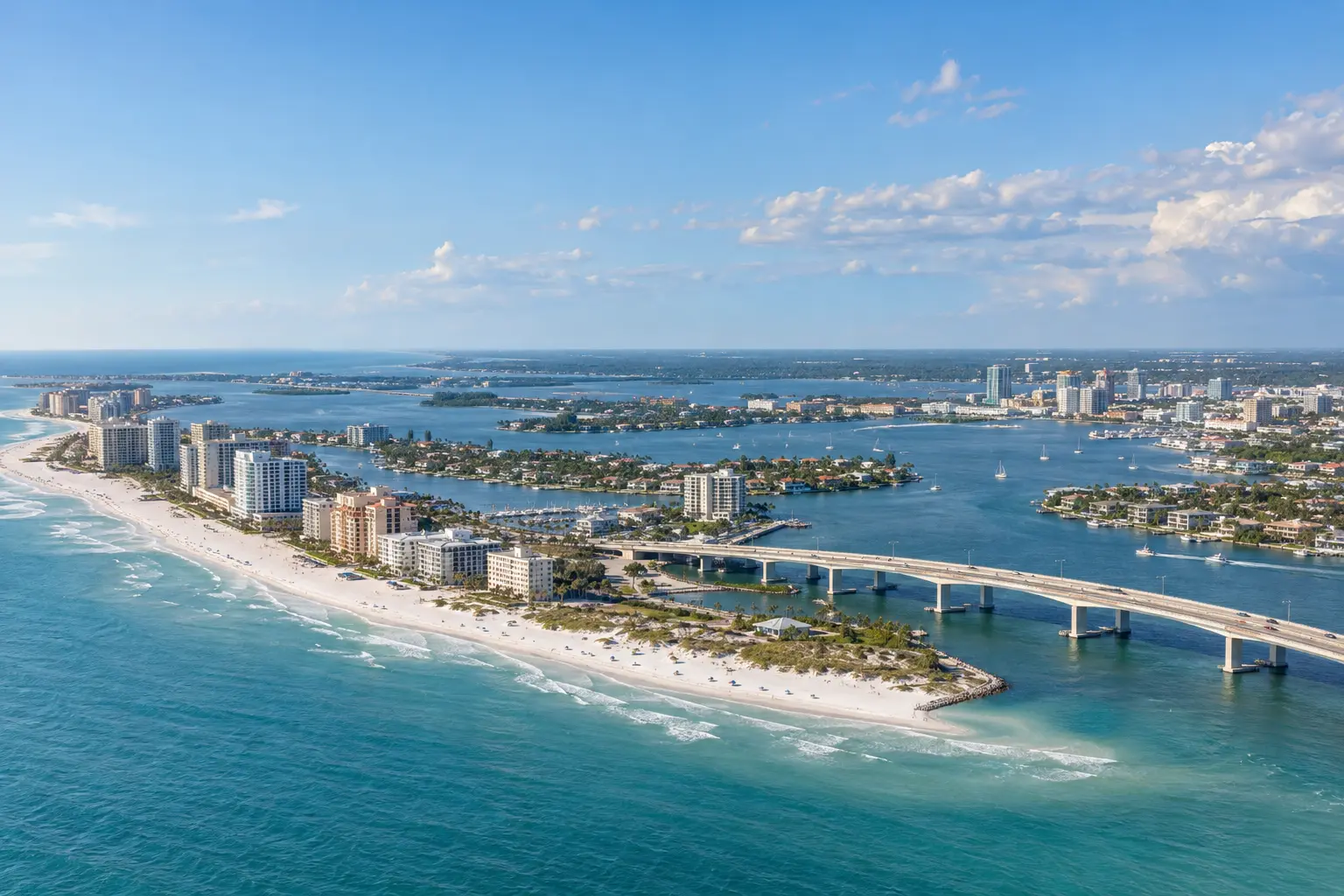 Aerial-style coastal view of Clearwater Beach, with Memorial Causeway crossing the Intracoastal Waterway toward the mainland and Island Estates north of the causeway.