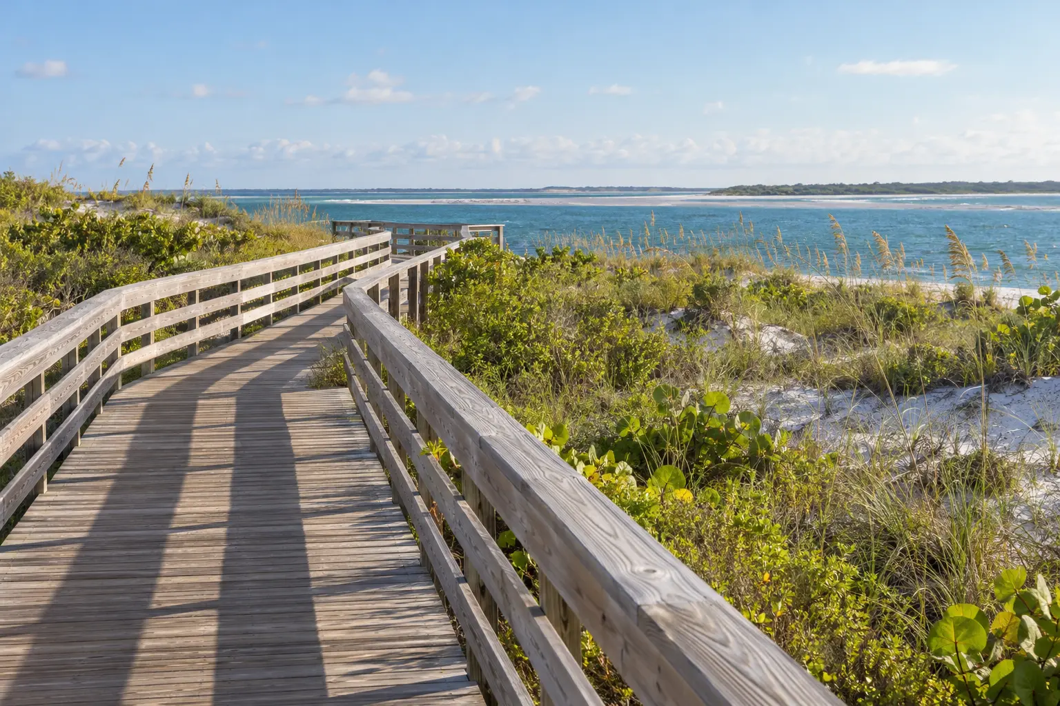 Elevated wooden boardwalk winding through sandy dunes and coastal vegetation beside the inlet at Smyrna Dunes Park in New Smyrna Beach.
