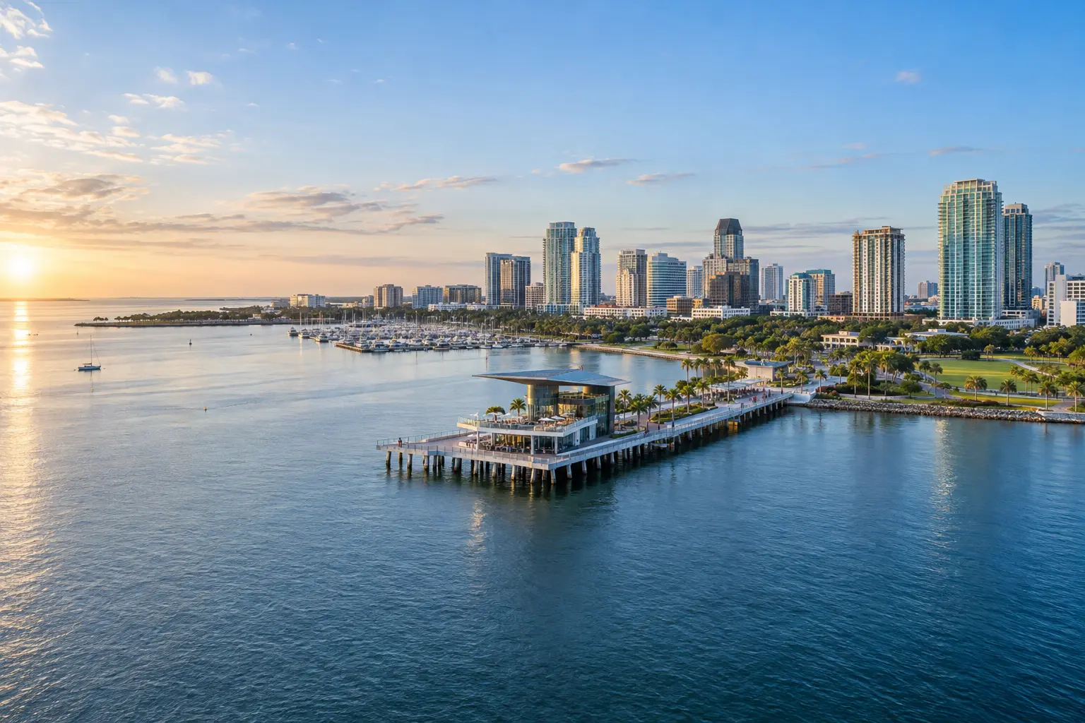 Downtown St. Petersburg skyline and St. Pete Pier along Tampa Bay, with green waterfront parkland and palm-lined paths.