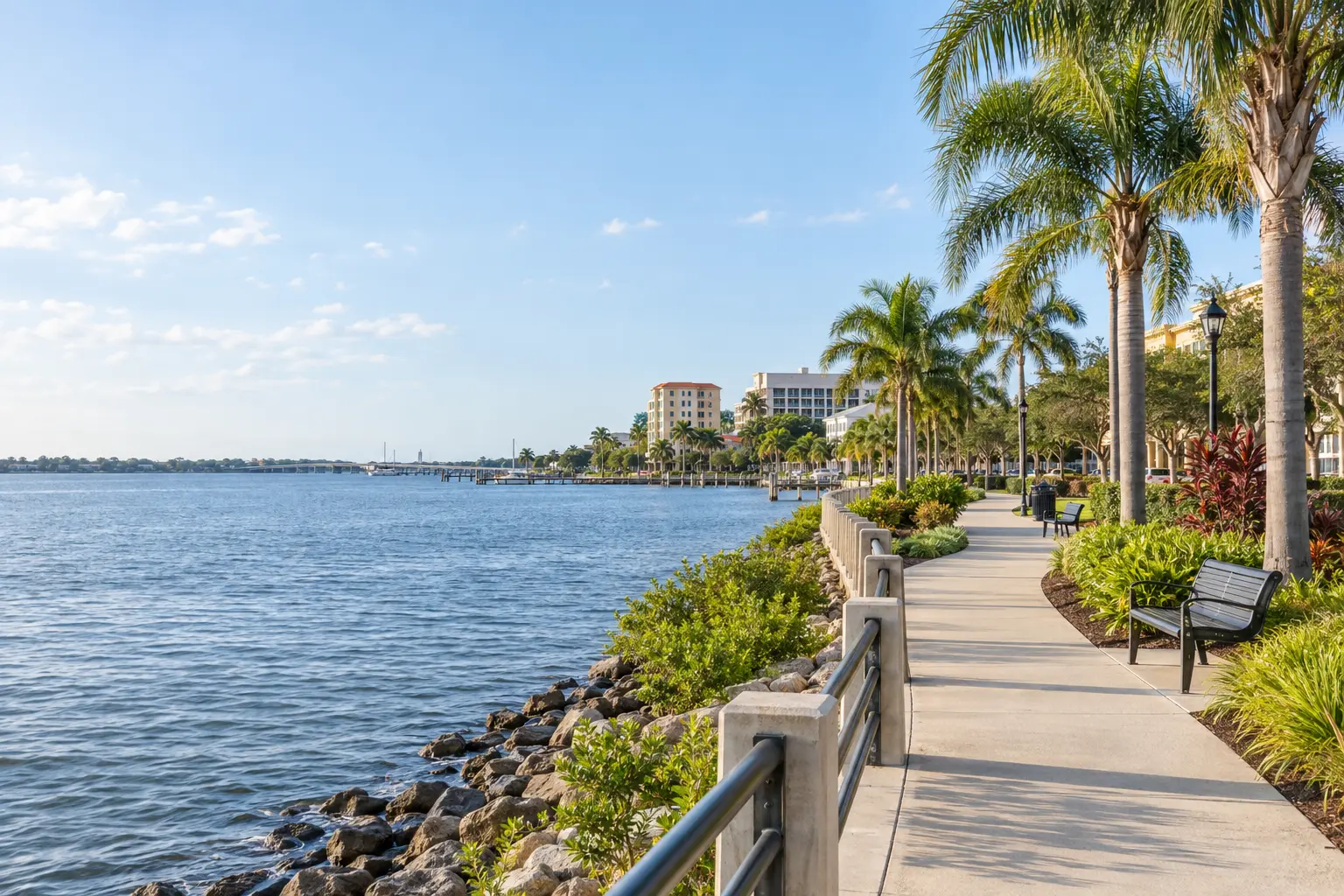 Palm-lined public walking path beside the Manatee River in Bradenton, with landscaped grounds and downtown buildings in natural daylight.